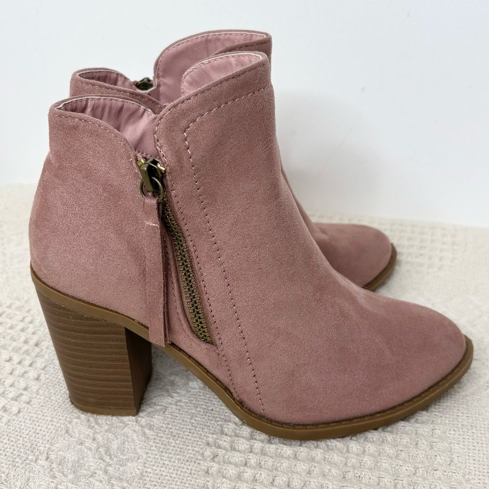 Top Moda Pink Ankle Boots Faux Suede Block Heel Almond Toe Size 6.5 - Picture 4 of 9